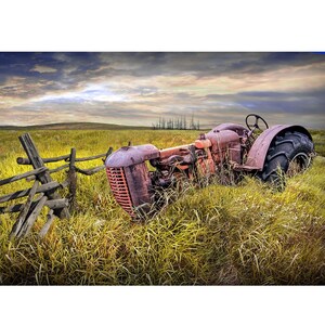 May include: An old, rusty red tractor sits in a field of tall, dry grass. The tractor is partially obscured by the grass, with a wooden fence in the foreground. The sky is cloudy with a mix of blue and gray.