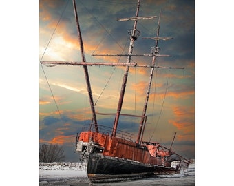 Vertical Photo of the Boat La Grande Hermine shipwreck in Jordan Harbour in Ontario Canada, Seascape Photography, Nautical Wall Decor Print