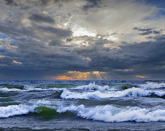 After the Storm, Storm Waves, Setting Sun, Sun Beams, Lake Michigan Storm, Shore Waves, White Caps, Michigan Photography, Wall Art