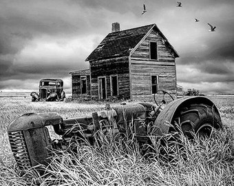 Abandoned Prairie Farm, Vintage Auto, Farm Tractor, Rural Landscape, North Dakota, Black & White, Sepia Tone, Fine Art, Landscape Photograph