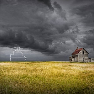 Prairie Thunderstorm, Lightning Bolts, Abandoned Farm House, Prairie Landscape, North Dakota, Nature Landscape, Fine Art Photograph