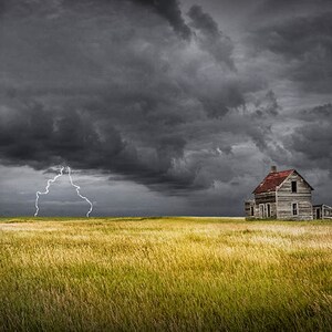 Prairie Thunderstorm Print: Lightning, Abandoned Farmhouse, North Dakota