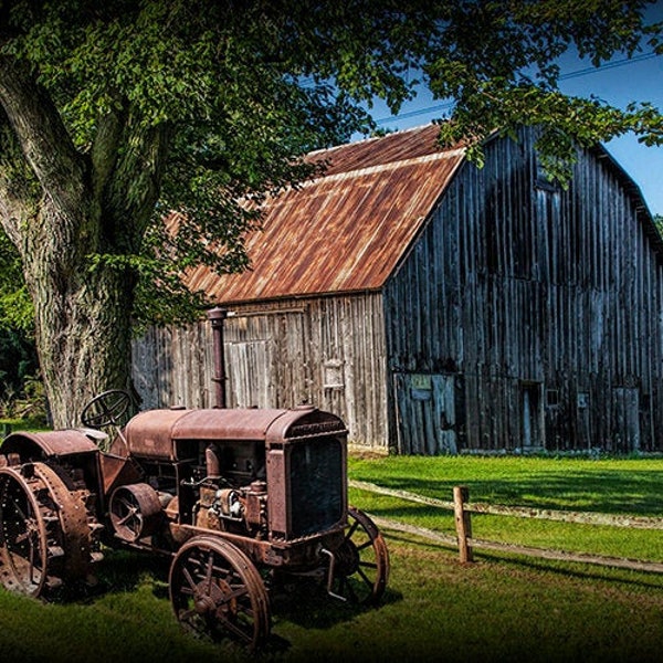 Old Rusty Vintage Tractor by Midwest Michigan Barn, Rural Americana Farm Scene, Farm Landscape, Fine Art Photograph, Canvas Prints available