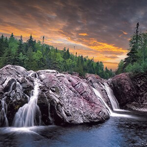Waterfall Art, Aguasabon River, Canada Landscape, Terrace Bay, Great Lakes, Lake Superior, Wilderness, Sunset, Ontario, Waterfall Photograph image 1