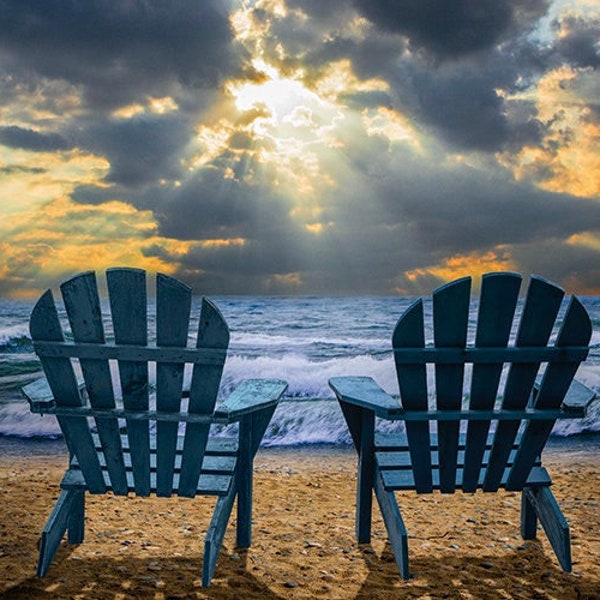 Wall Decor Beach Sunset Print with Adirondack Chairs amid Sun Beams and Rolling Surf, Sun Rays, Lake Michigan, Crashing Waves, Sandy Beach