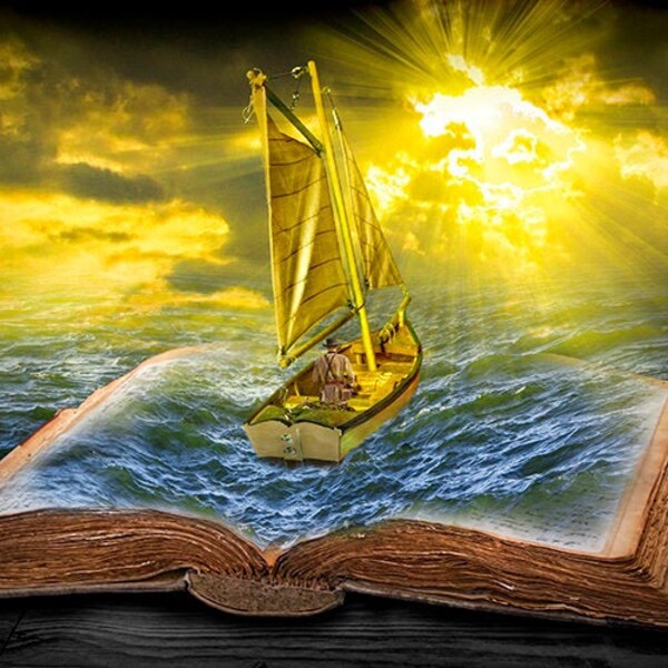 Surreal Book Art Print: Ship Voyage on Uncharted Seas