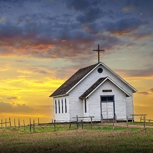 Prairie Sunset Church Photograph: South Dakota Rural Landscape Wall Art