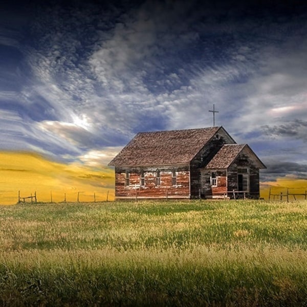 Old Weather Beaten Country Church at Sunset in South Dakota, Rural Christian Church, House of Worship, Fine Art Landscape Photography