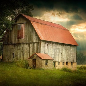 American Flag Barn Print: Rustic Farm Landscape Photography