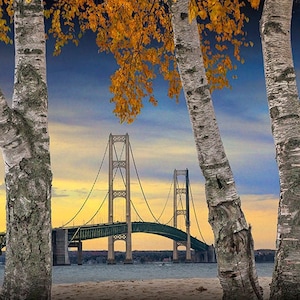 Mackinac Bridge, Straits of Mackinac, Mackinaw City, Lake Michigan, Lake Huron, Great Lakes, Big Mac, Upper Peninsula, Seascape Photograph image 1