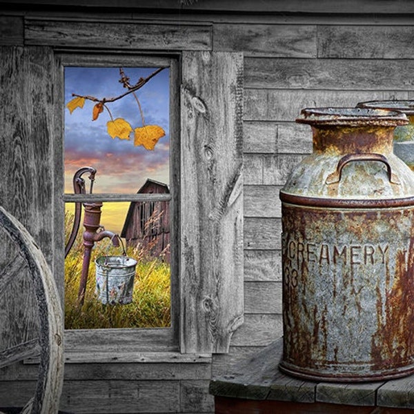 Vintage Creamery Milk Cans with Wooden Wagon Wheel and Old Water Pump by a Rustic Barn, Rural Rustic Farm Scene, Country Landscape Photo