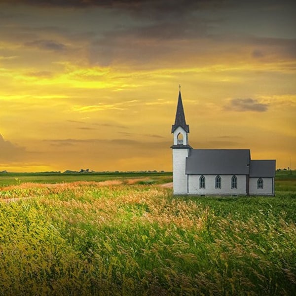 Rural Country Church at Sunset or Sunrise Home Wall Decor, Rural Christian Church on the Prairie, House of Worship, Religious Wall Art