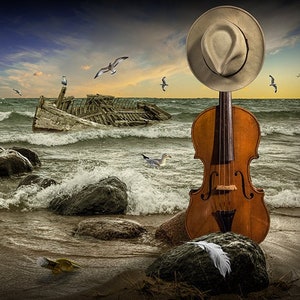 Violin on the Beach with crashing Waves over the Rocks and Flying Gulls, Surreal Photograph with Violin  Instrument, Music Surrealist Art