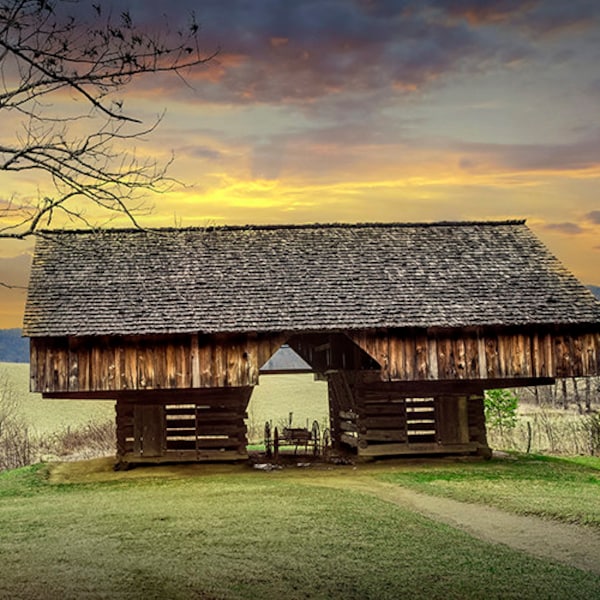 Double-Cantilever Barn in Cade's Cove in the Smoky Mountain National Park, Tipton Place Farm Barn, Appalachian Tennessee Landscape Photo