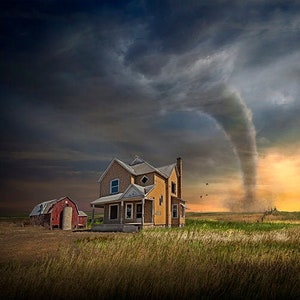 Farmhouse Tornado Sunset Print: Rural Americana Wall Art