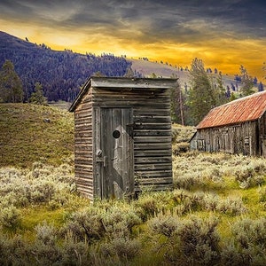 Western Outhouse Art Photograph Wall Decor with Barn, Vintage Out House, Wooden Privy, Outdoor Jon, Western Outhouse, Wyoming Landscape