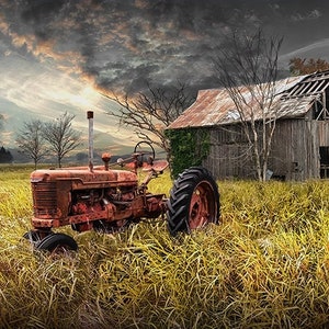 Rustic Farm Landscape Art Print: Red Tractor, Weathered Barn
