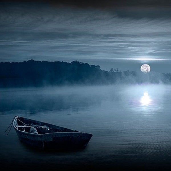 Row Boat-Moonrise-fishing boat-Moonlight-Anchored-Stony Lake-Michigan-Blue Moon-Summer Cottage-Art-nautical-Seascape-Boat Photograph