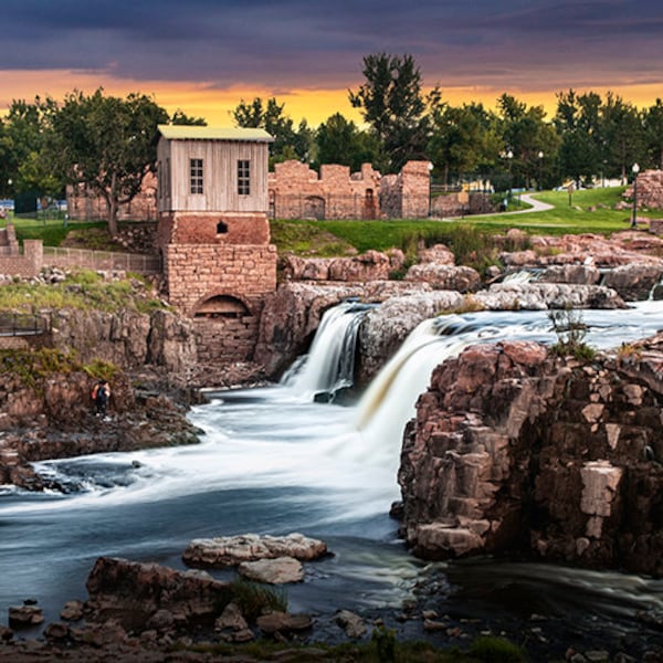 Falls Park Waterfall at Sunset, Sioux Falls South Dakota, River Photography, Fine Art Print, Nature Landscape Photograph, Wall Decor,