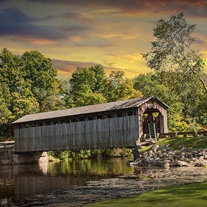 Fallasburg Covered Bridge at Sunset, Covered Wooden Bridge, Flat River, Lowell Michigan Landscape, Historic Bridge, Bridge Fine Art Photo