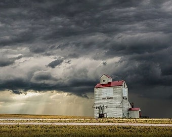 Grain Elevator Dog River with Stormy Skies in Rouleau Saskatchewan Canada, Rural Canadian Countryside Farm Granary, Fine Art Landscape Photo