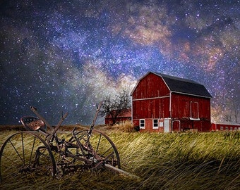 Farmhouse Wall decor of Celestial Starry Sky with the Milky Way and Red Barn, Rustic Farm in Rural America Art Print, Large Fine Art Photo