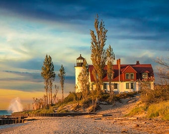 Point Betsie Lighthouse on Lake Michigan during October Sunset, Frankfort Michigan, Great Lakes Lighthouse Fine Art, Seascape Photograph