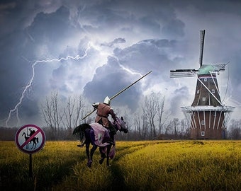 Horse Mounted Knight Jousting at a Windmill in the Spirit of Don Quixote against a Stormy Sky, No Tilting at a Windmills, Childs Wall Decor