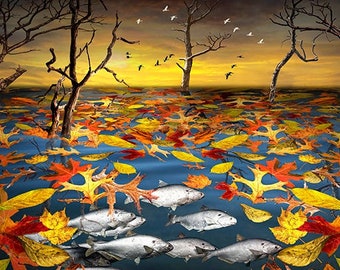 Surrealist Image with fish and leaves, School of Fish in a pond of water with floating leaves Trees and Flying Birds, Fantasy Fine Art Print