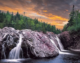 Waterfall Art, Aguasabon River, Canada Landscape, Terrace Bay, Great Lakes, Lake Superior, Wilderness, Sunset, Ontario, Waterfall Photograph