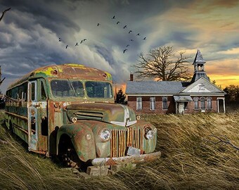 Abandoned School Bus with Two Room Country Brick Schoolhouse, Rural Country School, Rustic Americana Landscape Photograph, Fine Art Print