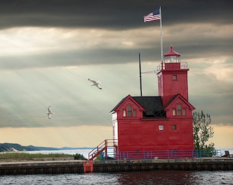 Lake Michigan Lighthouse, Big Red Michigan Lighthouse, Sunbeams, Ottawa Beach, Michigan State Park, Holland Michigan, Lighthouse Photography