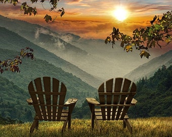 Blue Ridge Parkway Sunrise , Adirondack Chairs, Smoky Mountain, Appalachian Sunrise, Mountain Scenery, Hill Country, Morning Light, Wall Art