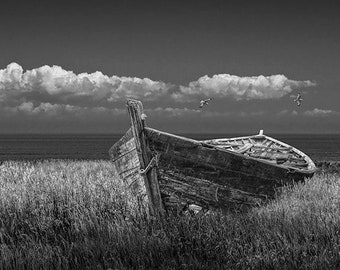 Row Boat, Boat Photography, Abandoned Boat, Dune Grass, Ocean Coast, Coastal Shore, Beached Boat, Ship Wreck, Dinghy, Seascape Photograph