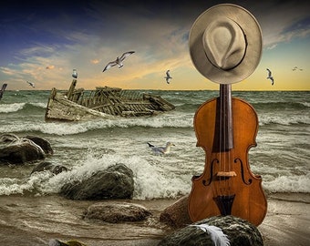 Violin on the Beach with crashing Waves over the Rocks and Flying Gulls, Surreal Photograph with Violin  Instrument, Music Surrealist Art