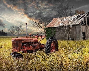 Abandoned Weathered Barn with Red Tractor in Rural America Farm Landscape, Rustic Farm Fine Art Home Wall Decor Photograph, Art Print