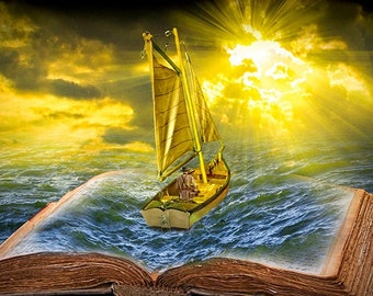 Reading Adventure, Let the Adventure Begin, Uncharted Seas, Book Art, Open Book, Reading Journey, Ship Voyage, Surreal Art, Fantasy Photo
