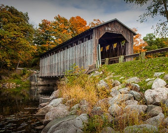 Covered Bridge Wall Decor, Wooden Bridge, Autumn Landscape, Fallasburg Bridge Photograph, Flat River, Fall Bridge, Lowell Michigan, Art