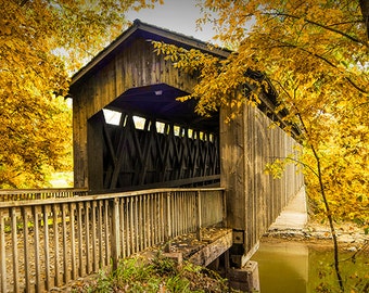 Covered Bridge Photo, Wooden Bridge, Ada Bridge, Thornapple River, Michigan Autumn, Ada Michigan, Fall Landscape, Michigan Photograph, Print