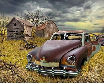 Vintage Frazer Automobile Print: Americana Farm Scene Photography