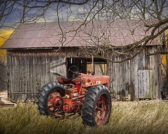 Wall Decor Print of Red Tractor with Weathered Barn and Trees, Rustic Farm in Rural America, Agricultural Fine Art Photograph, Room Decor