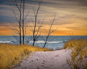 Beach Trail, Sand Dune, Fall Sunset, Lake Michigan, Holland Michigan, Great Lakes, Fine Art Landscape, Beach Art, Seascape Photograph