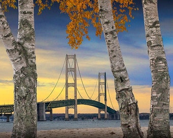 Mackinac Bridge, Straits of Mackinac, Mackinaw City, Lake Michigan, Lake Huron, Great Lakes, Big Mac, Upper Peninsula, Seascape Photograph