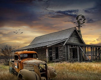 Rustic Americana Landscape Photo: Pickup Truck, Farmhouse, Windmill Sunset