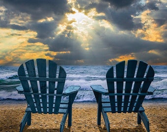 Beach Sunset Print: Adirondack Chairs, Lake Michigan Waves