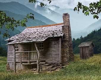 Rustic Home Wall Decor of Wood Cabin in the Blue Ridge Mountains with Wood Outhouse, Appalachian Mountains, National Park, Shenandoah Park