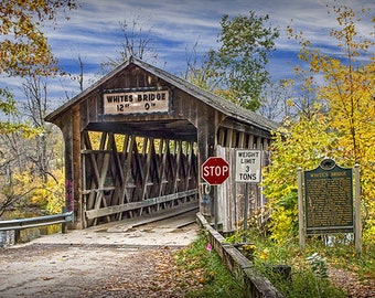 Whites Covered Bridge, Historic Bridge, Flat River, Michigan Fall, Lowell Michigan, Michigan Landscape, Wall Decor Art, Autumn Photography