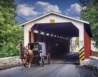 Amish Horse and Buggy, Covered Wooden Bridge, Rural Lancaster County, Pennsylvania Landscape, Country Landscape, Rural Fine Art Photograph