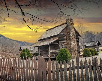 Home Wall Decor of Mountain Wood Cabin and Picket Fence at Sunrise, John Davis Cabin Oconaluftee Valley, Smoky Mountains, Large Canvas Wrap