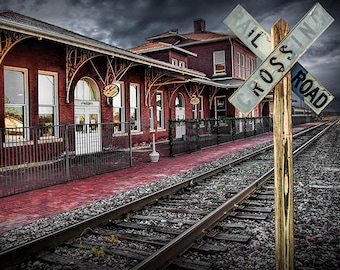 Old Train Station, Train Crossing Sign, Railroad Tracks, Railway Art, Gutherie Oklahoma, Railroad Landscape, Fine Art Photograph